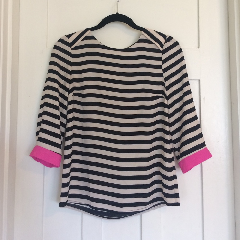 Oasis Black and White Striped Blouse + hot pink