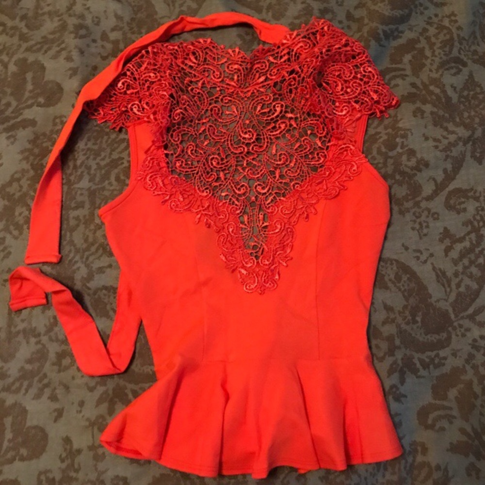 Lace neck low back peplum top