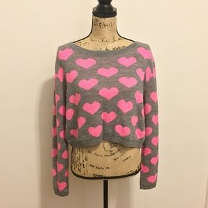 H&M Gray Pink Hearts Cropped Sweater
