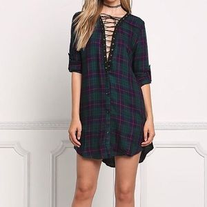 Green Plaid Lace Up Tunic Dress