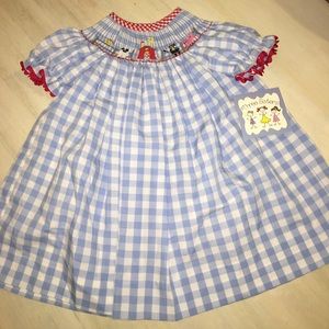 Checkered Blue Farm Bishop Smocked Dress, Red Trim