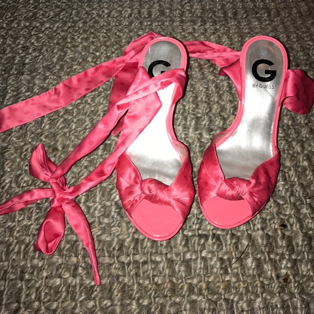 G by Guess pink ankle tie wedge size 5