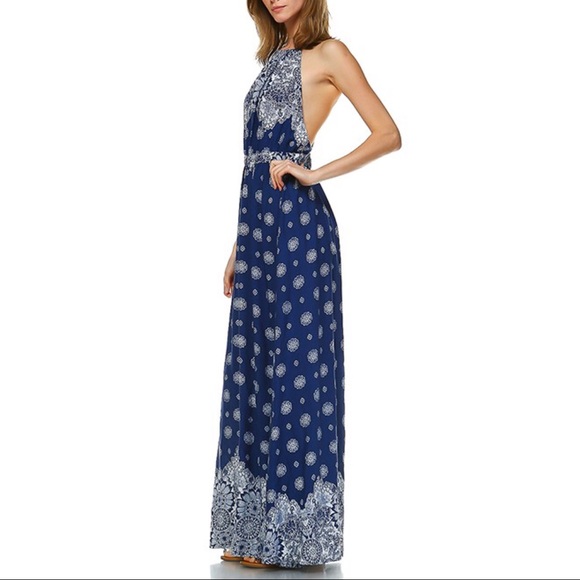 🚨1 HR SALELOU floral print halter maxi -NAVY BLUE - Picture 2 of 3