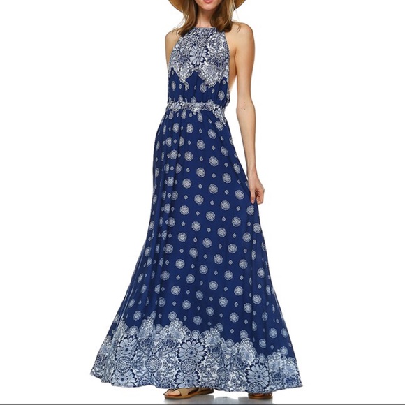 🚨1 HR SALELOU floral print halter maxi -NAVY BLUE - Picture 3 of 3