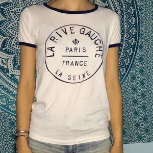 White tshirt with blue lining & address in Paris