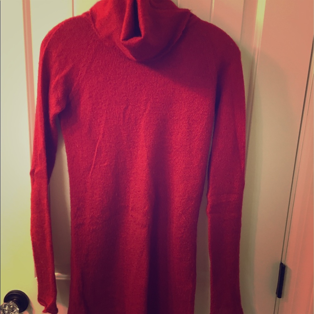 Tunic style red turtleneck sweater.