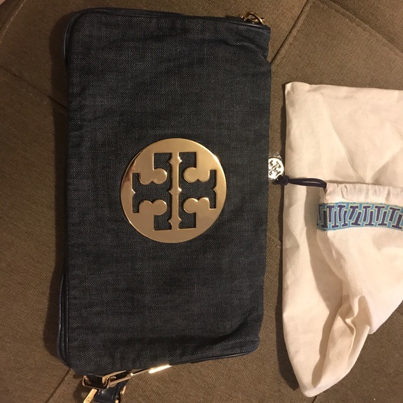 Tory Burch Handbags - TORY BURCH REVA CLUTCH - denim / gold