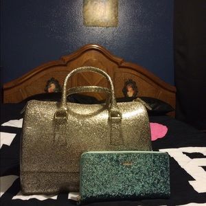 Furla gold glitter bag with Kate spade wallet😍❤️