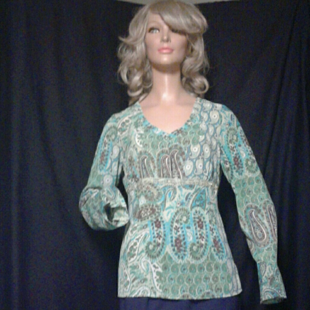 Blue and green Emma James long sleeve blouse