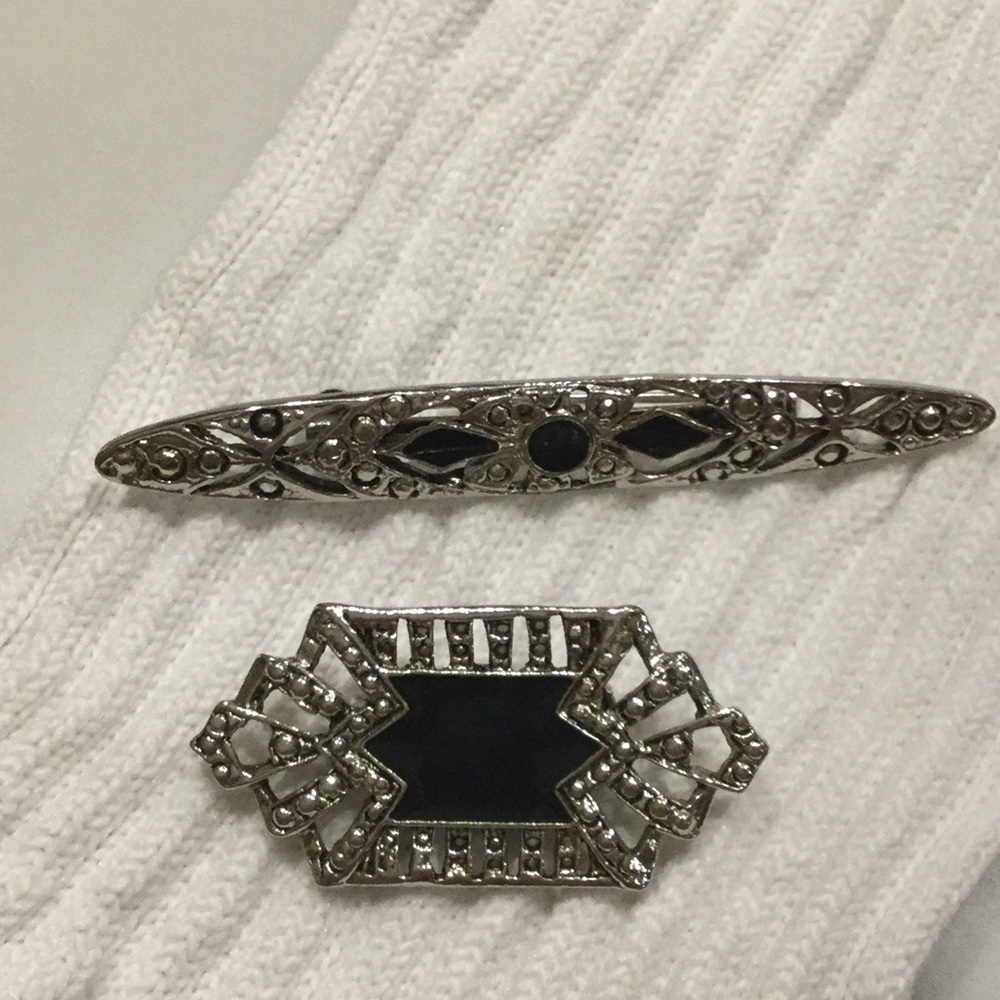 2 VINTAGE black & silver brooches