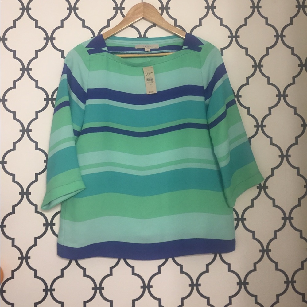 Loft NWT blue & green stripe silk boat neck blouse