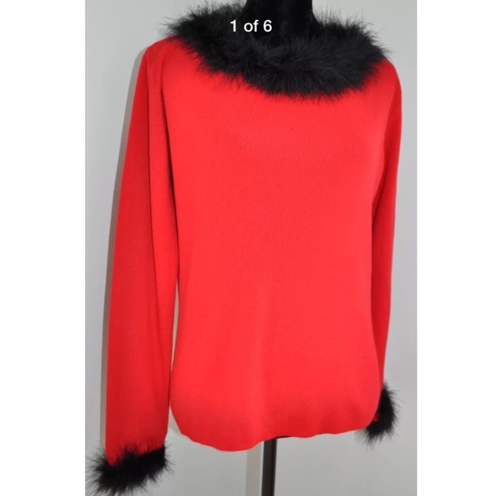 Worthington Red Knit Black Feather Sweater Top