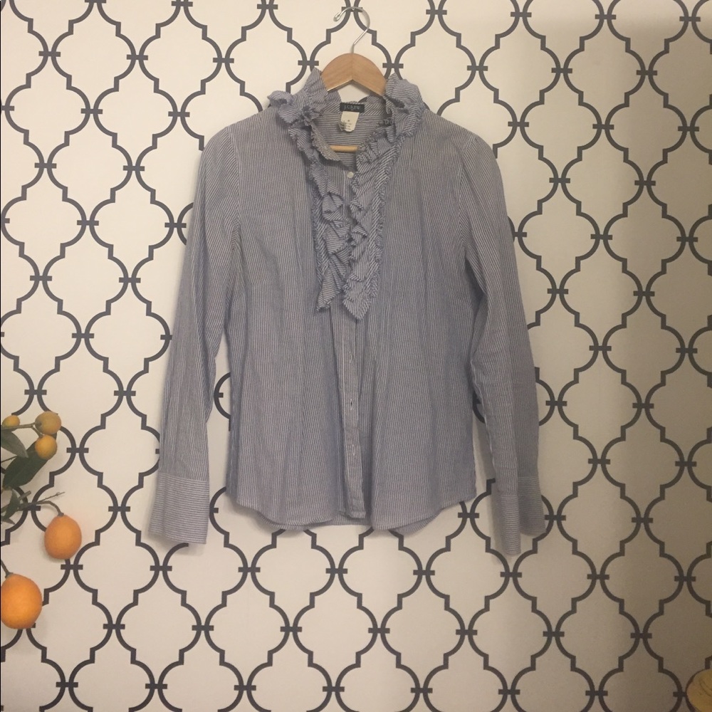 JCrew blue pinstripe ruffle blouse