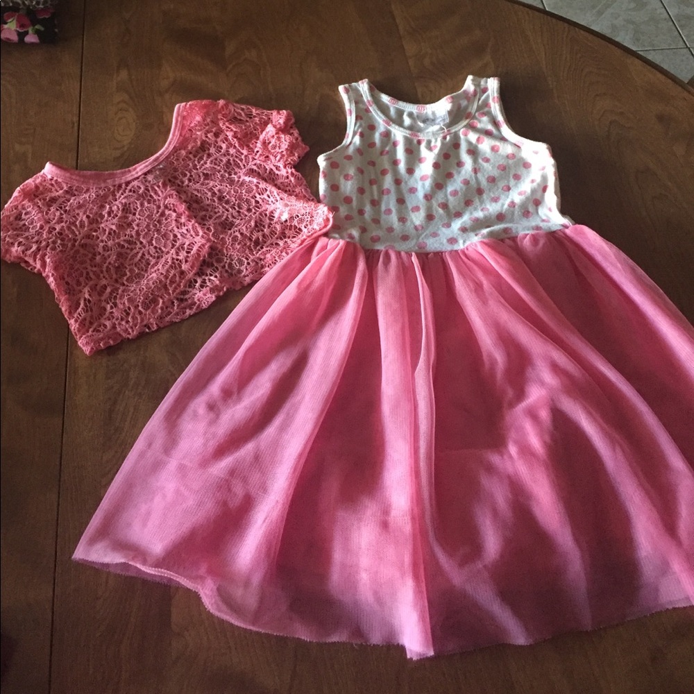 2 pc Girls Size 4T Polka Dotted Tulle Dress w/ Crochet Cover Top G84