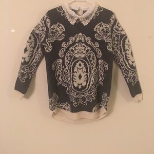 Grey Patterned Sweater with Beaded/Lace Collar