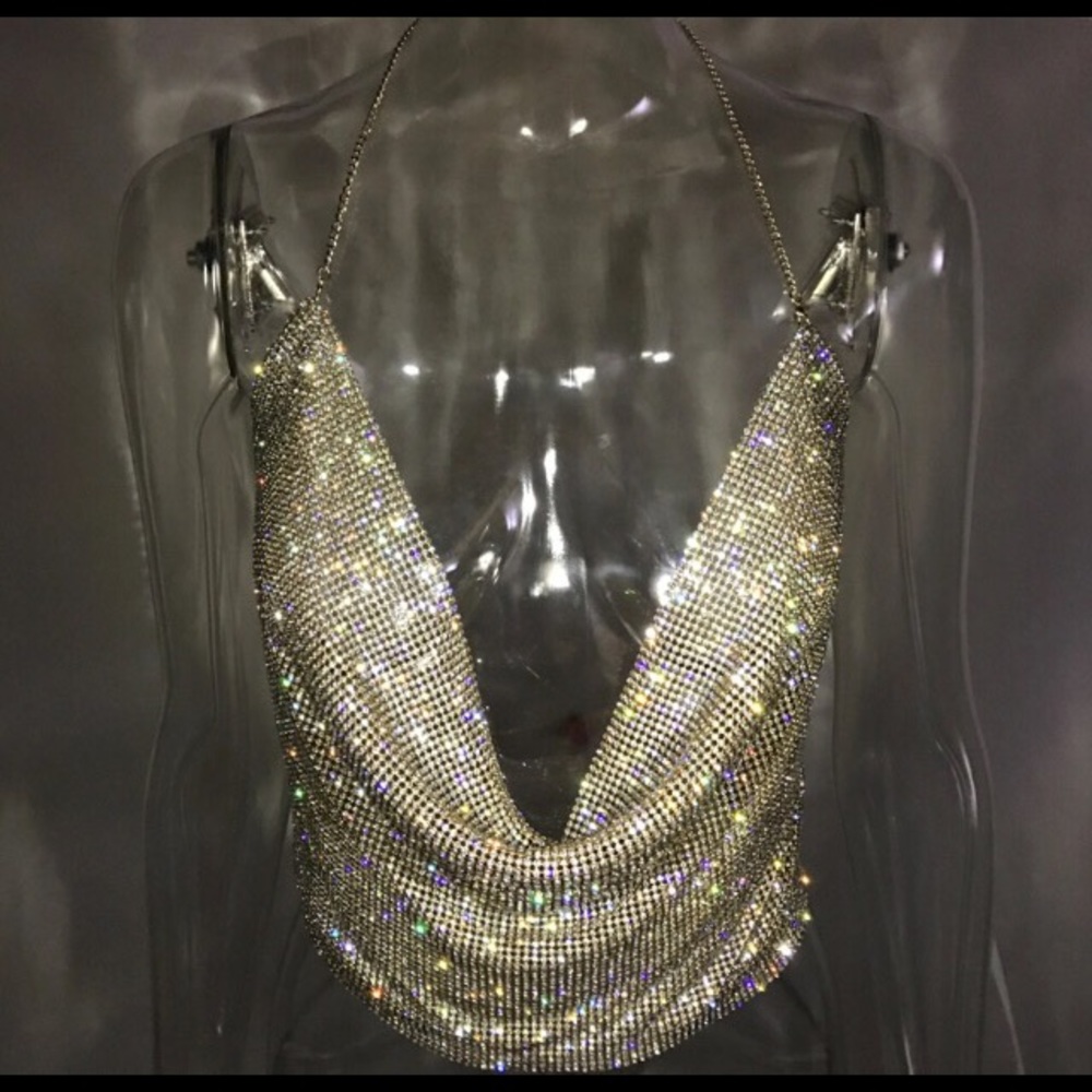 Rhinestone metal backless crop top