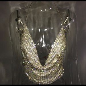 Rhinestone metal backless crop top