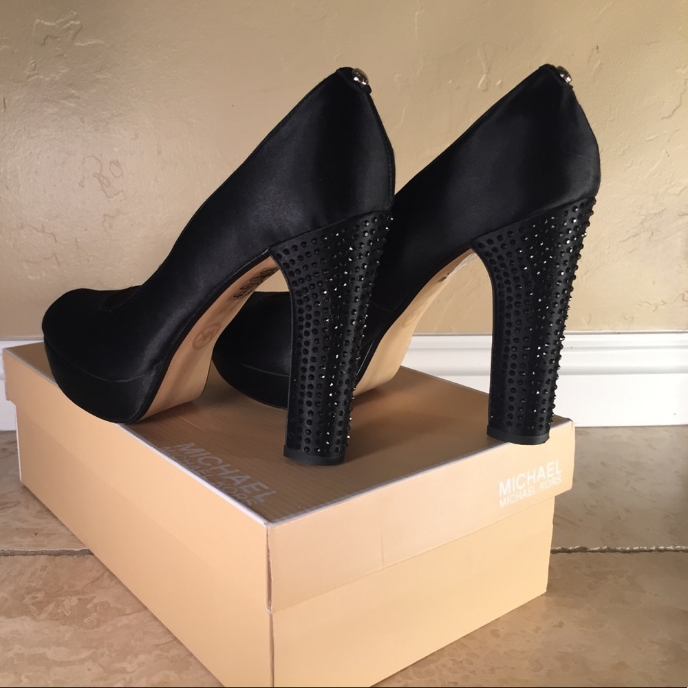 Michael Kors Nadia Rhinestone Black satin peep-toe