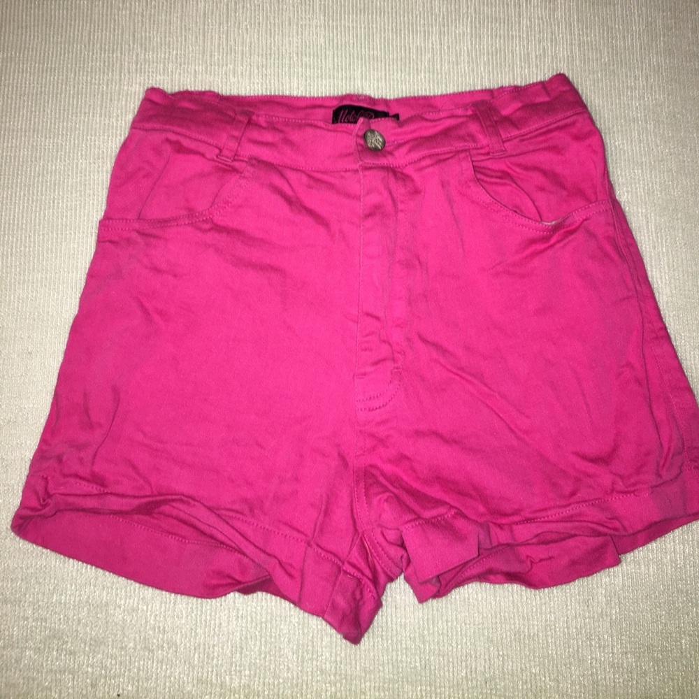 Pink high waisted stretch denim shorts