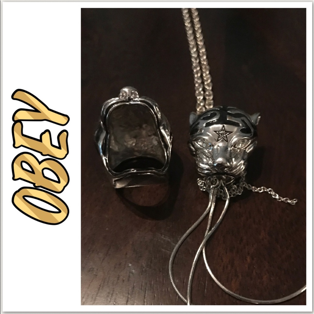 Obey Silver Tiger Necklace and Matching Ring