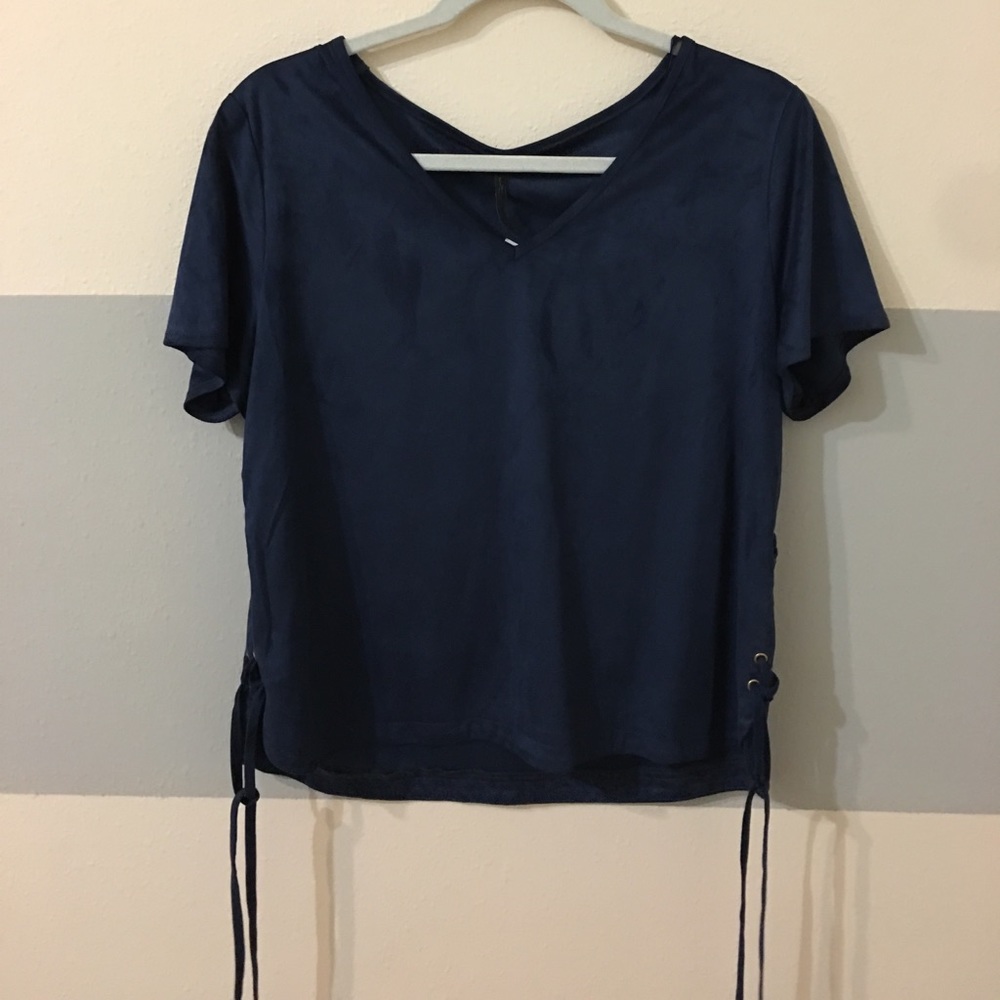 Navy blue suede v neck top with lace up sides