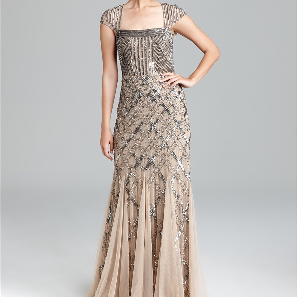 Adrianna Papell Sequin Cap Sleeve Long Dress
