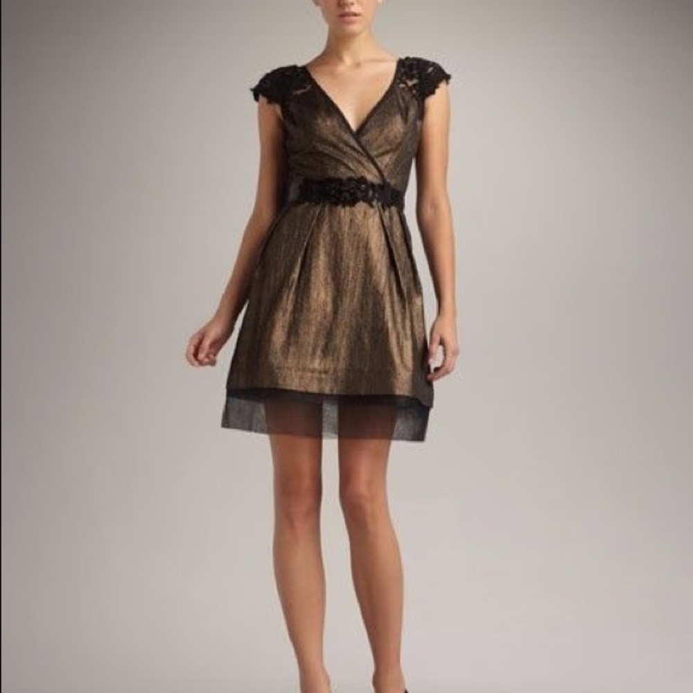 Vera Wang Lavender Lace-Sleeve Lame Dress