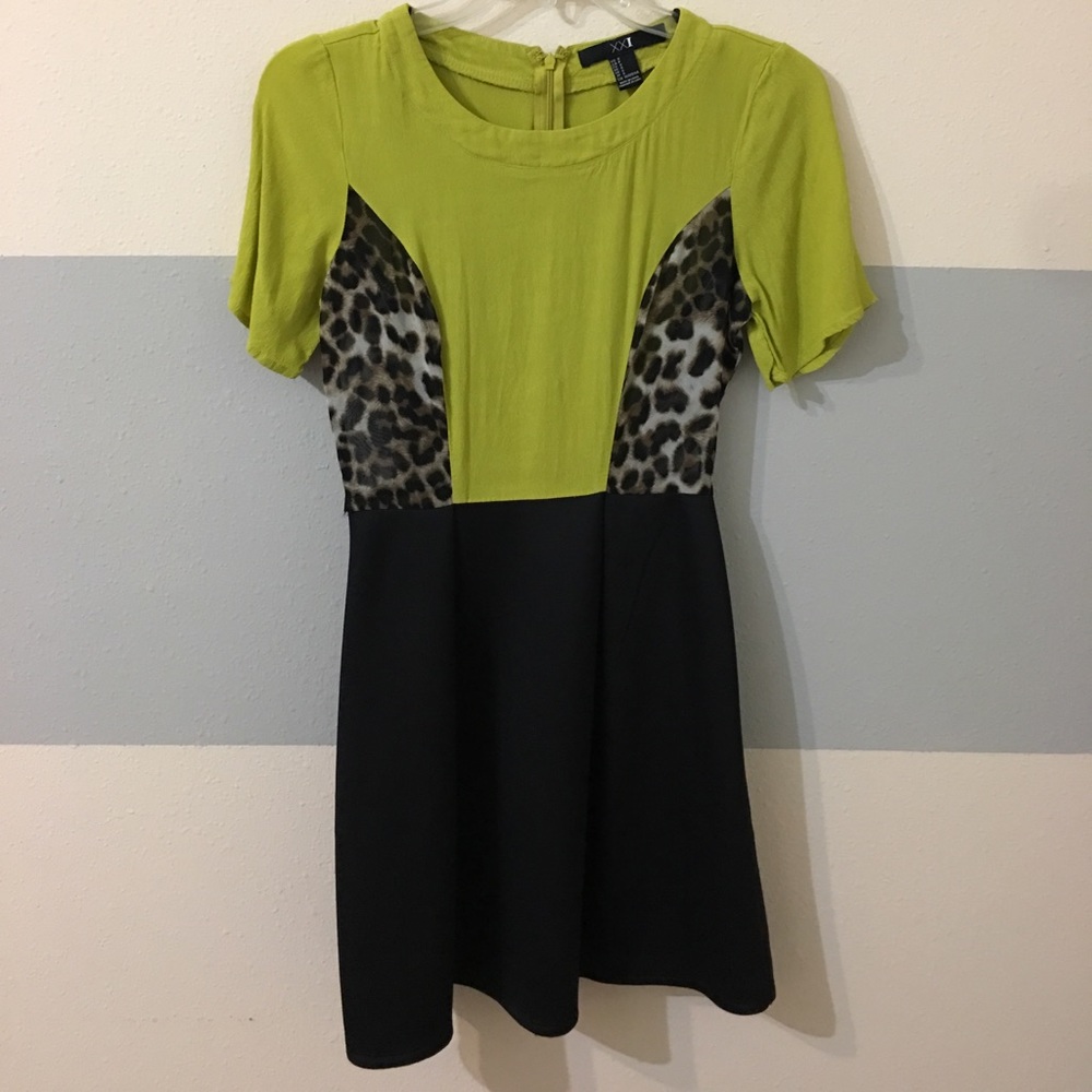 Green and cheetah print flare dress