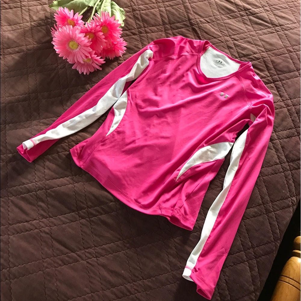 Pink and white under armour workout shirt