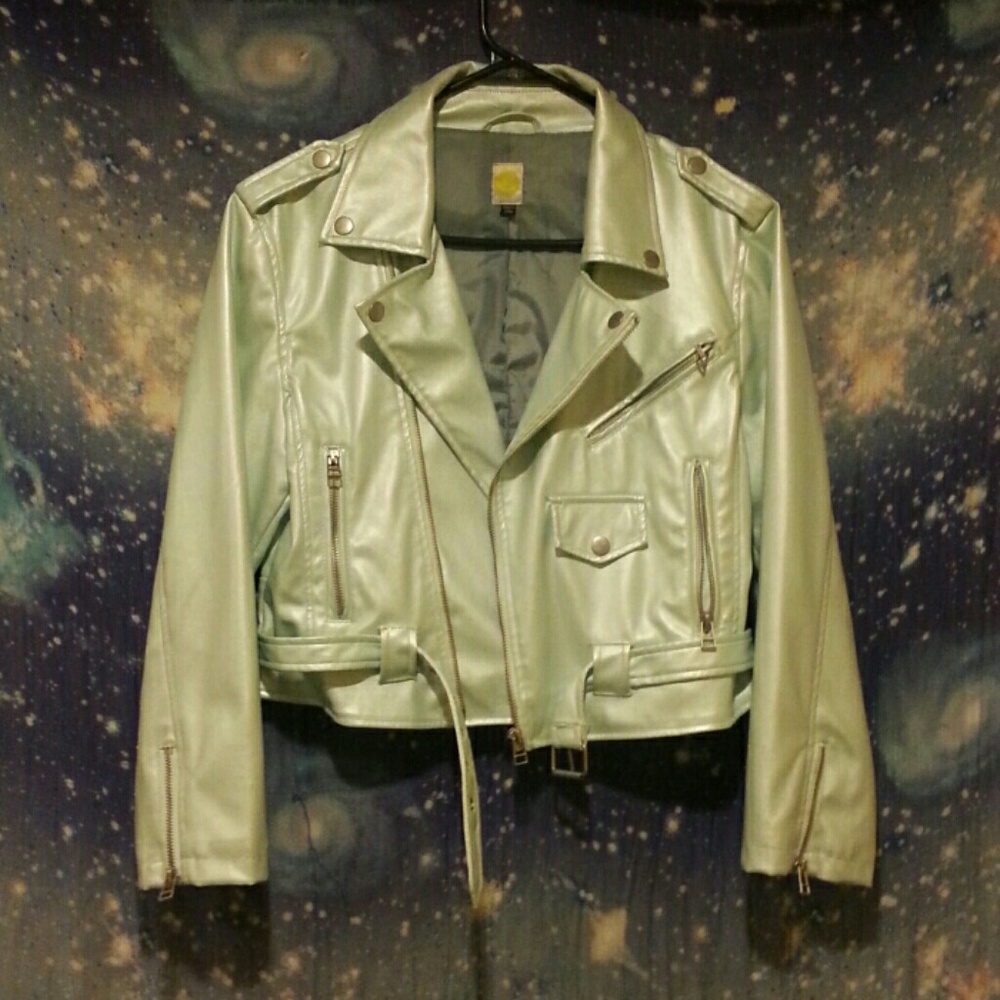 🎸Cropped Faux Leather Moto Jacket Mint🎸