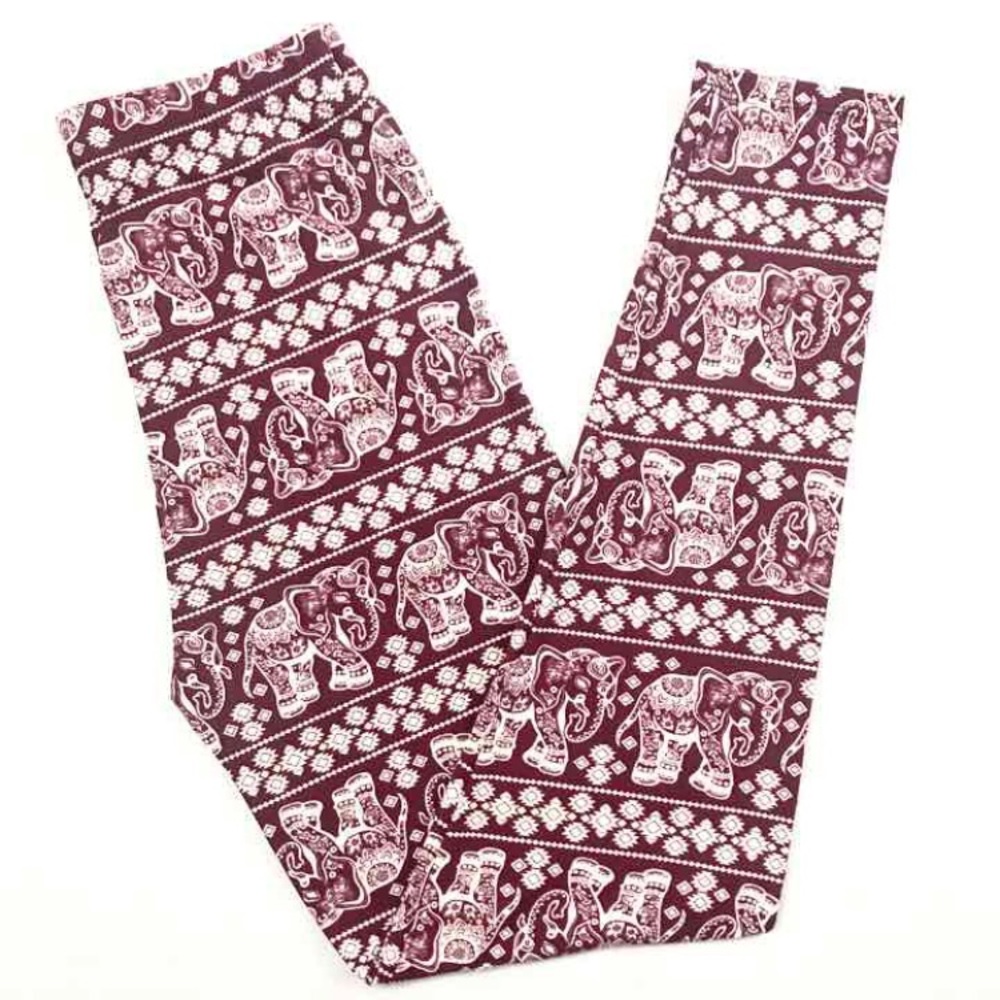 Buttery Soft Maroon Elephant Safari Leggings OS.