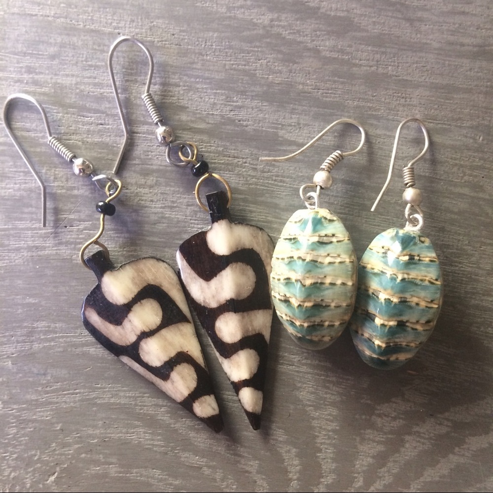 Funky black white & blue international earrings.