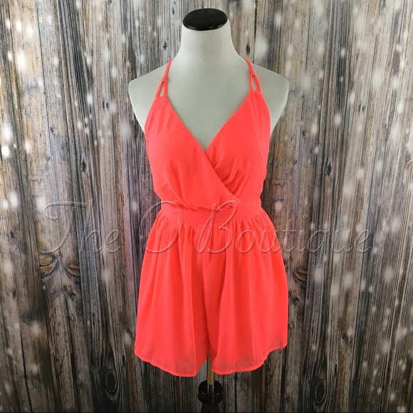 🎉CLEARANCE🎉 Neon Coral Cross Back Chiffon Romper - Picture 2 of 6