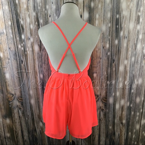 🎉CLEARANCE🎉 Neon Coral Cross Back Chiffon Romper - Picture 3 of 6