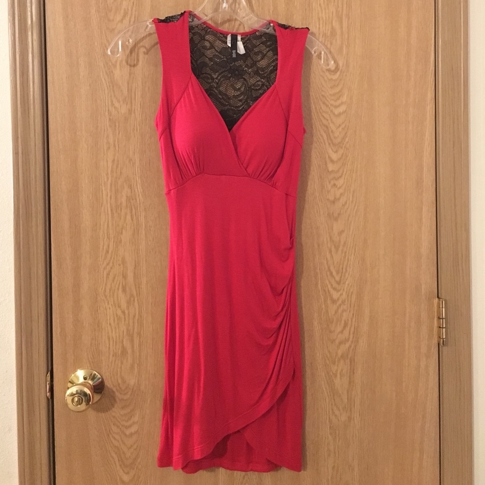 Lace back sleeveless Red faux wrap dress