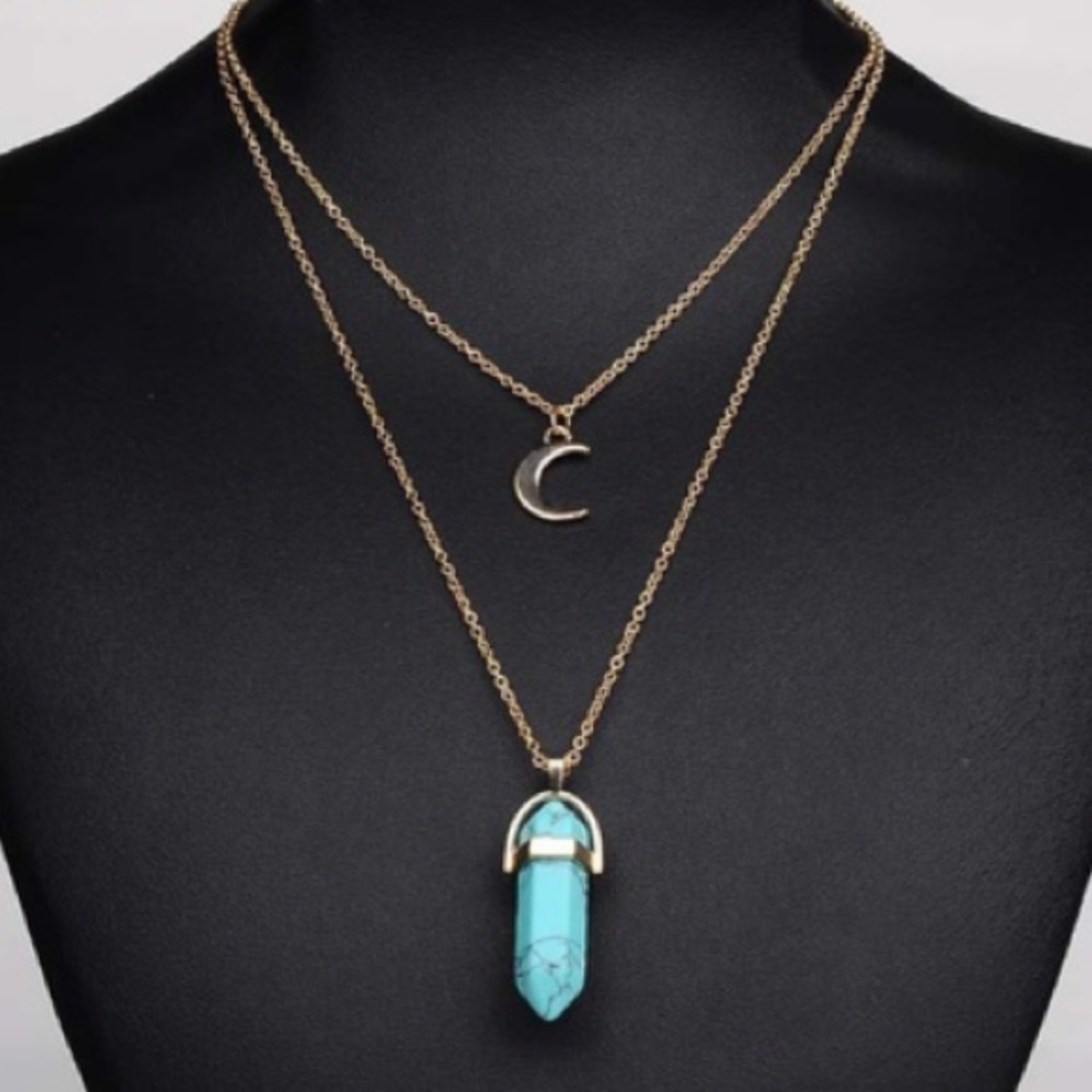 Turquoise 2 chain choker with crescent moon