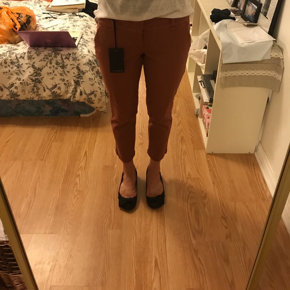 Rose colored cropped pants.