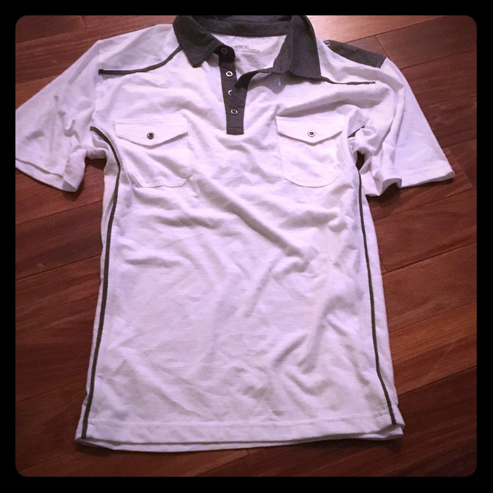 New men's sz L vertical white polo w/gray piping