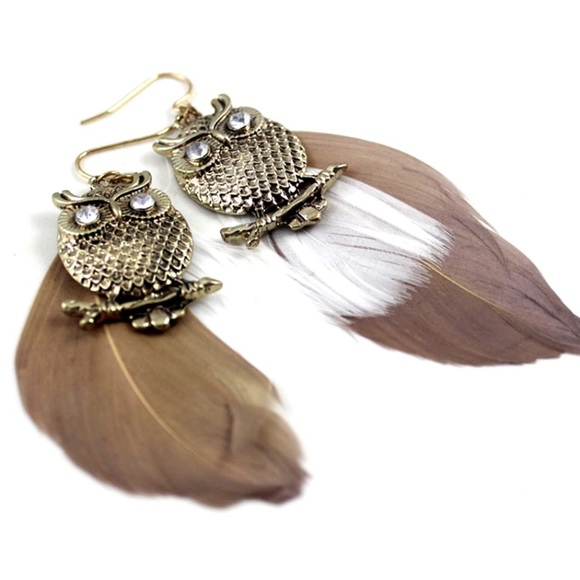Jewelry - Women boho dangly feathers and owl charm earrings