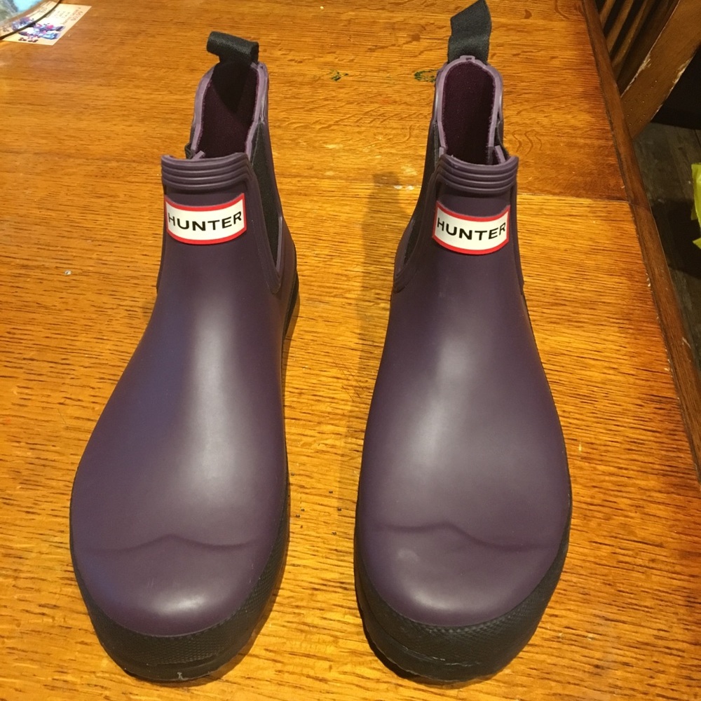 Purple hunter rain boots.