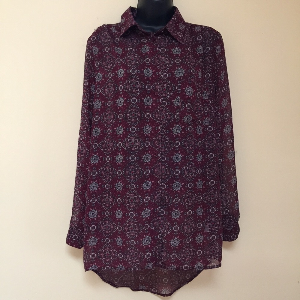 BAND OF GYPSIES Sheer Maroon Patterned Button Down