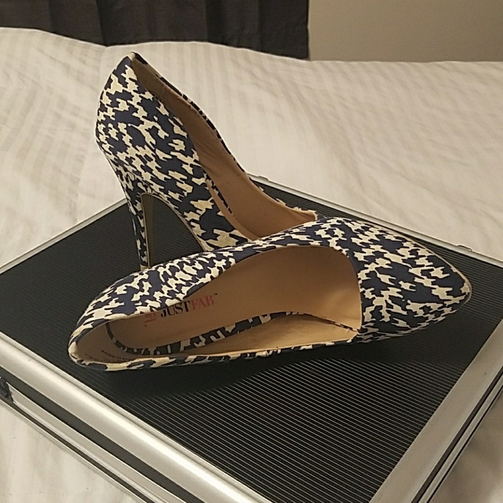 Blue and white pumps