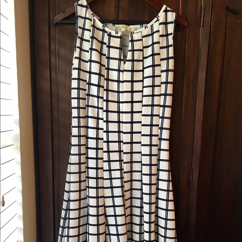 Navy and white print A-line dress