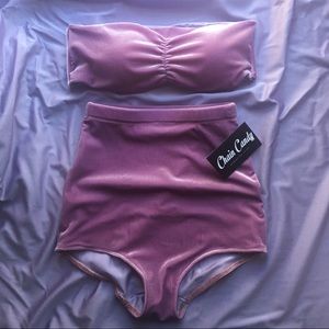 Purple Velvet Bandeau High Waisted swimsuit