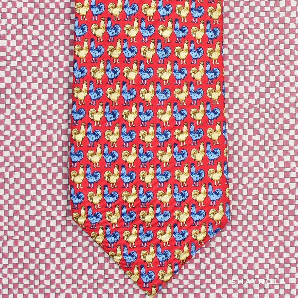 Blue and Yellow Hens on Red Silk Tie