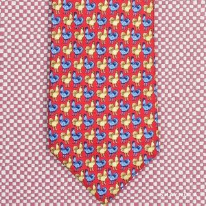 Blue and Yellow Hens on Red Silk Tie