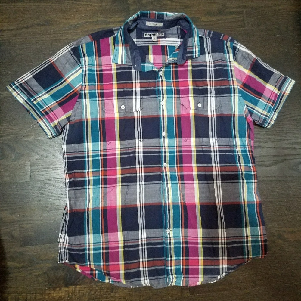Express Mens plaid fitted button shirt