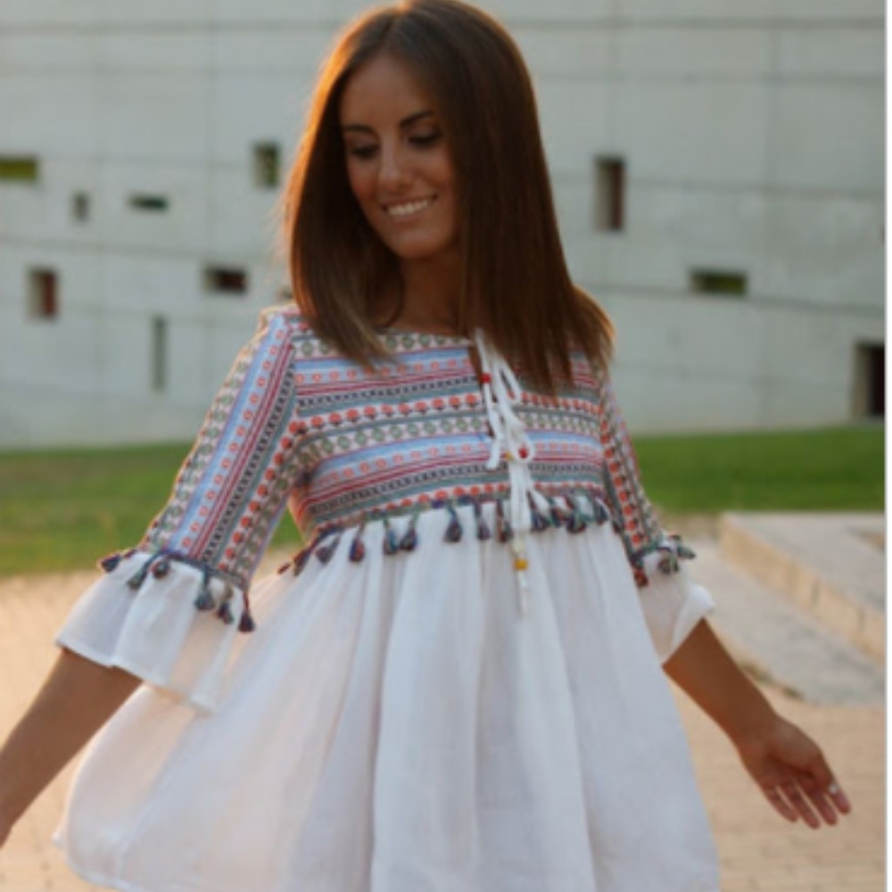 Embroidered tassel trim bell sleeve blouse
