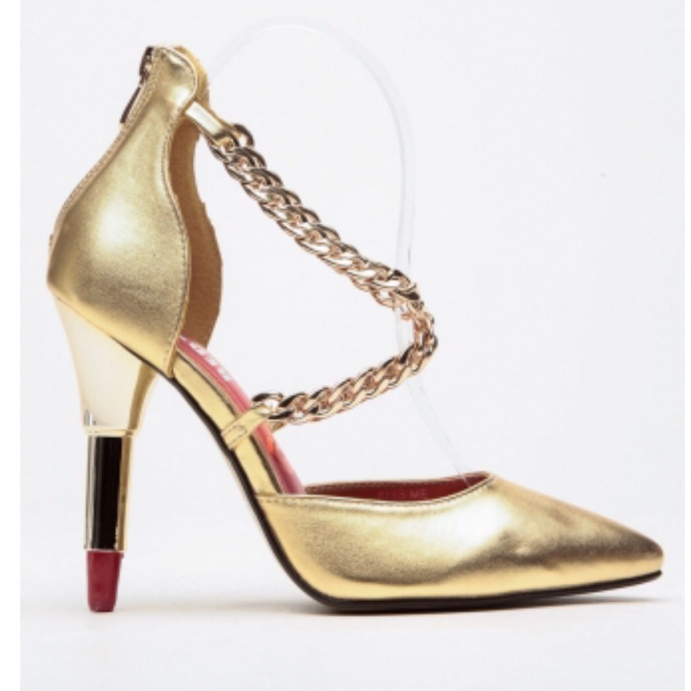 HOTKISS lipstick heels pumps gold chain pointy 6.5