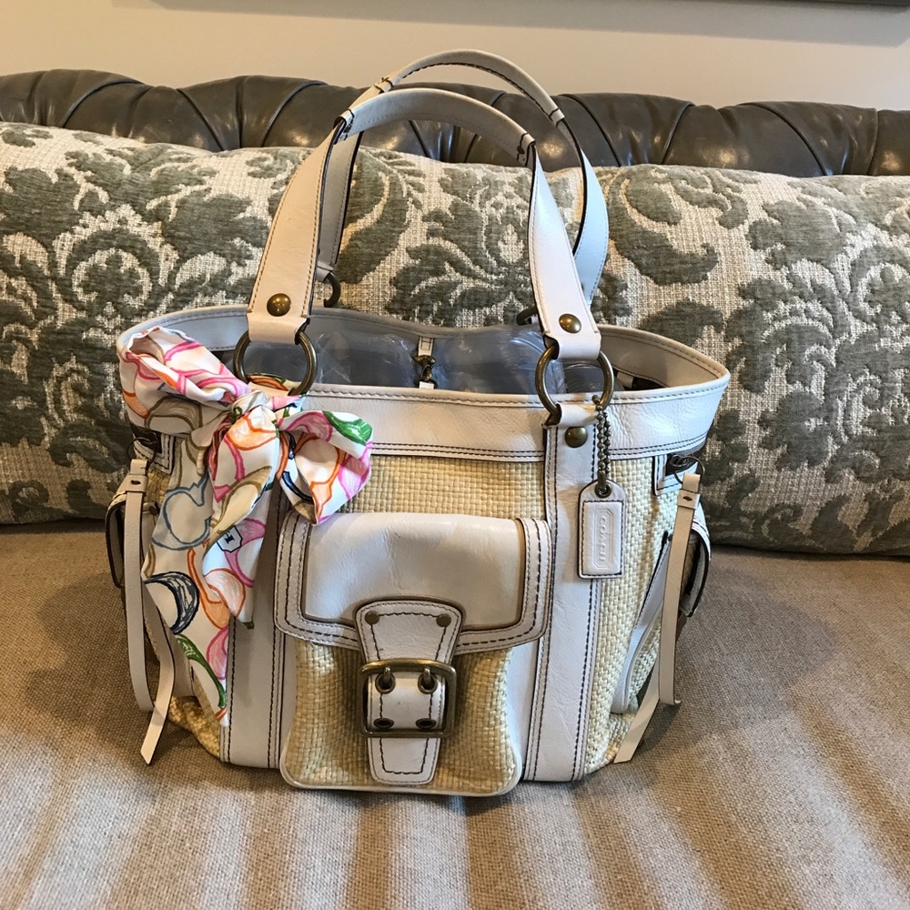 Coach White Leather and Straw Tote Bag